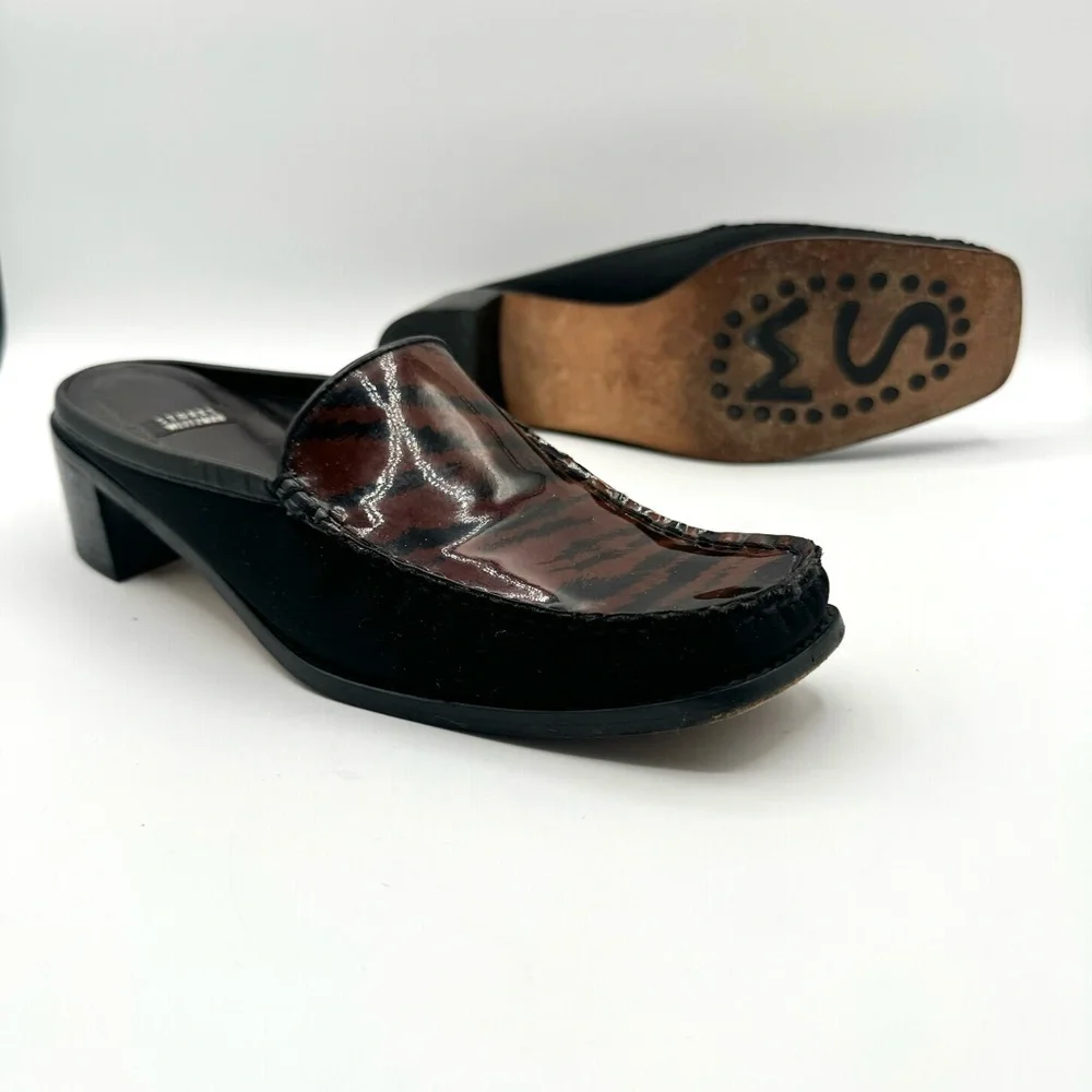 STUART WEITZMAN VINTAGE BLACK BROWN SHOE ANIMAL PRINTS SLIP ON SHOE BLOCK HEELS - Picture 15 of 16
